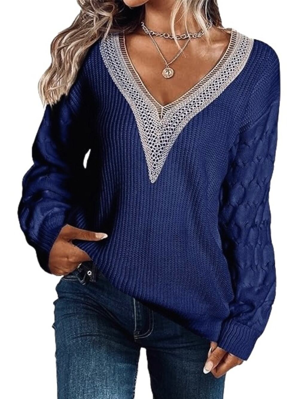 EVALESS Long Sleeve Sweater Trendy Sexy Lace V Neck Knit Drop Shoulder